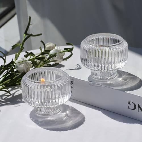 Woho Ribbed Clear Taper Candle Holders Set of 8 for Wedding Table Decor - Image 3