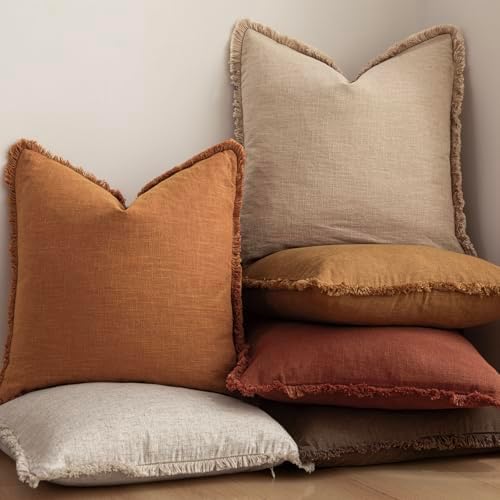 Foindtower Decorative Linen Fringe Throw Pillow Covers 24×24 Inch,Orange - Image 6