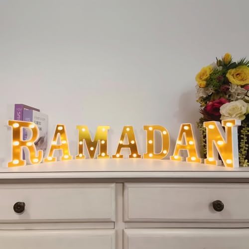 7Pcs Ramadan LED Letter Lights, Battery-Powered Ramadan Table Decoration, LED Light Up Ramadan Letters with Mirror Surface for Islamic Party Decor - Image 2