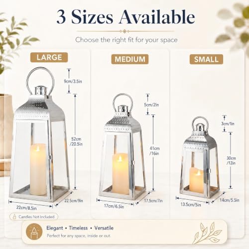 TRIROCKS Set of 3 Stainless Steel Candle Lanterns 20.5''&16''&12''H Decorative Candle Holders with Tempered Glass for Indoor Outdoor Porch Parities and Wedding(Silver) - Image 3