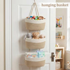 TeoKJ Over the Door Hanging Basket, 3-Tier Woven Cotton Wall-Mounted Storage Organizer Bag Decorative Hanging Nursery Baskets, White & Jute - Image 4