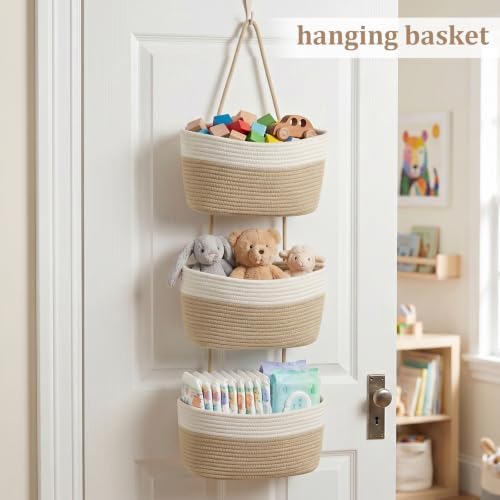 TeoKJ Over the Door Hanging Basket, 3-Tier Woven Cotton Wall-Mounted Storage Organizer Bag Decorative Hanging Nursery Baskets, White & Jute - Image 4