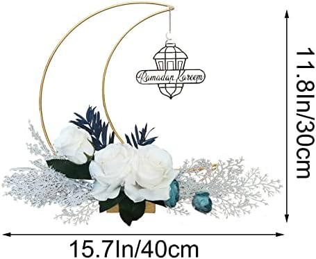 Ramadan Kareem Decorations, Artificial Moon Shape Wreaths Table Decor with Castle Sign, Ramadan Mubarak Metal Rings Floral Ornaments, for Home Desk Fireplace Party Supplies - Image 2