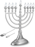 Traditional Hanukkah LED Electric Menorah Powered by Battery or USB Chanukiah - 4' Micro USB Cable Included Electronic Chanukah Candles Minorah Lighted Hanukah Decorations (Matte Silver) by Aviv+Judaica