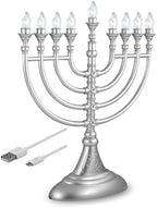 Traditional Hanukkah LED Electric Menorah Powered by Battery or USB Chanukiah - 4' Micro USB Cable Included Electronic Chanukah Candles Minorah Lighted Hanukah Decorations (Matte Silver) by Aviv+Judaica