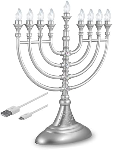 2 Pack Matte Silver LED Electric Menorahs Gray Battery or USB Powered Chanukiah w/ 4' Micro USB Cable Electronic Chanukah Candles Minorah Lighted Hanukkah Decor Menorat by Aviv+Judaica