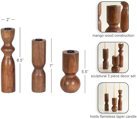Kate and Laurel Pico Modern Three-Piece Mango Wood Taper Candle Holder Set, Set of 3, Walnut Brown, Transitional Wooden Candlestick Holders for Dining Table or Fireplace Mantel Display - Image 2
