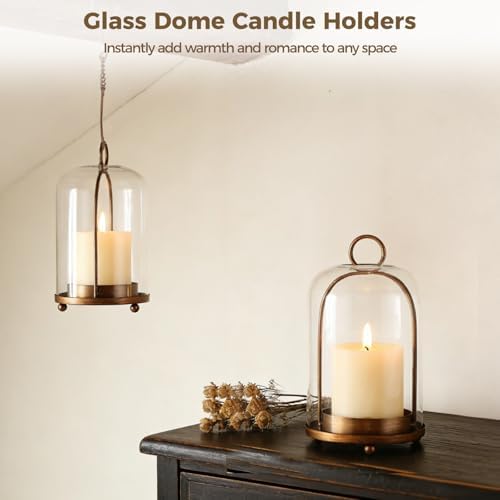 2 Pcs Glass Dome Candle Holders with Cloche Cover, Hanging Candle Lanterns with Hooks, Vintage Glass Cloches with Metal Base, Decorative Plant Display Stands for Tabletop, Mantel, Shelf - Image 3