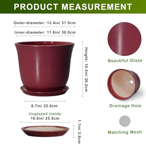 12 Inch Pots for Plants, Ceramic Planter for Indoor Plants, Red - Image 2