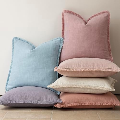 Foindtower Decorative Linen Fringe Throw Pillow Covers 22×22 Inch,Rose Pink - Image 6