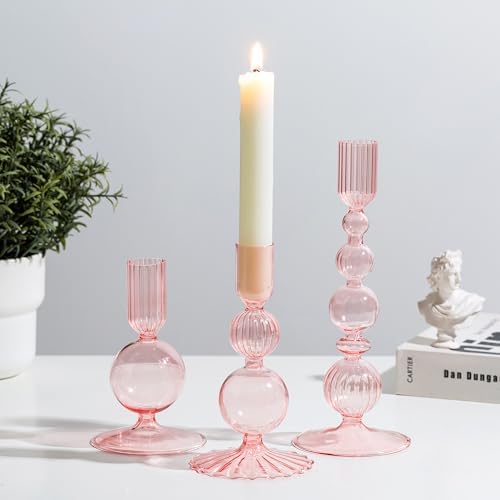 Glasseam Pink Glass Candlestick Holder: Unique Taper for Table Centerpiece by Glasseam