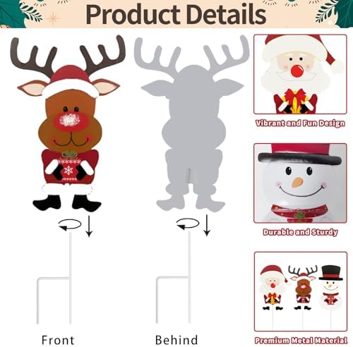 3 Pack 23.3 Inches Christmas Yard Signs with Stakes, Metal Standing Reindeer, Santa Claus, and Snowman Yard Signs for Garden Decor, Outdoor Winter Xmas Ornaments for Home Front Door Lawn Decorations - Image 3