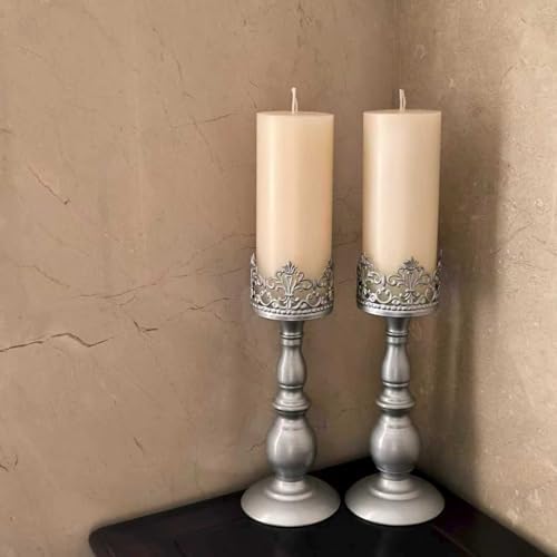 Candle Holders for Pillar Candles Gothic Matte Pearl Silver Tall Candle Holders Set of 2 Decorative Large Table Centerpieces Candle Stand Decor (Pearl Silver 2PCS A) - Image 5