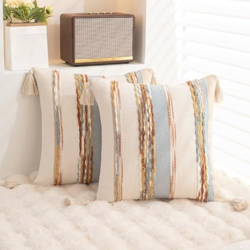Boho Throw Pillow Covers Tufted Farmhouse Pillowcase with Tassels - Image 4