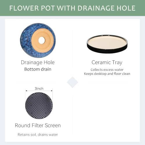 10.3 Inch Ceramic Glaze Plant Pot with Saucer, Flower Pots with Drainage Hole Mesh Net (Blue) - Image 3