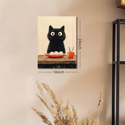 XYHYRA Framed Vintage Funny Black Cat Kitchen Wall Art, Cute Cartoon Cat with Rice Balls Canvas Print Painting, Japanese Food-Inspired Poster Picture for Dining Room Cafe Coffee Nook Decor 16x24 inch - Image 2