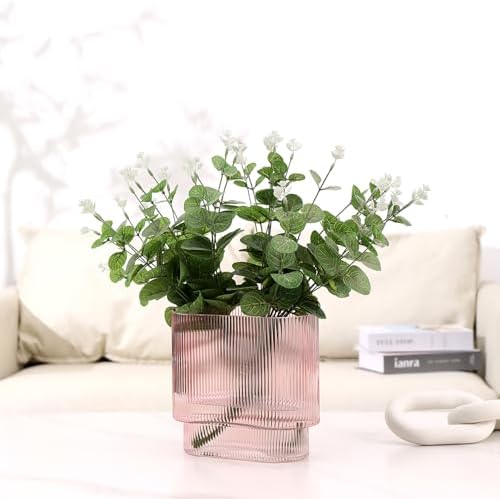Ribbed Glass Vase, Pink Glass Vase, Fluted Short Vases for Flowers, Modern Vases for Living Room, Dining Room, Bathroom, Desk, Shelf, Wedding, Office, 7 Inches - Image 3