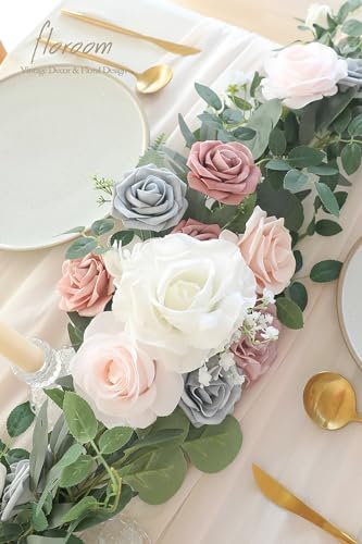 Floroom 6ft Artificial Eucalyptus Garland with Flowers Fake Greenery Faux Floral Vine Garland for Table Decor Wedding Centerpieces Bridal Shower Party Decorations, Blush Powder Blue - Image 3