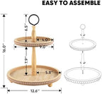 Beaded Tiered Tray Stand, Rustic Wooden 2 Tier Decorative Tray with Bead Garland, Farmhouse Round Wood Serving Tray Counter Centerpiece for Coffee Bar Home Decor Holiday Housewarming Gifts (Brown) - Image 2