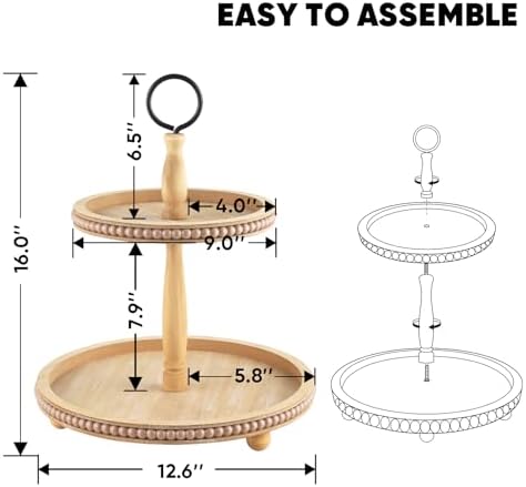 Beaded Tiered Tray Stand, Rustic Wooden 2 Tier Decorative Tray with Bead Garland, Farmhouse Round Wood Serving Tray Counter Centerpiece for Coffee Bar Home Decor Holiday Housewarming Gifts (Brown) - Image 2