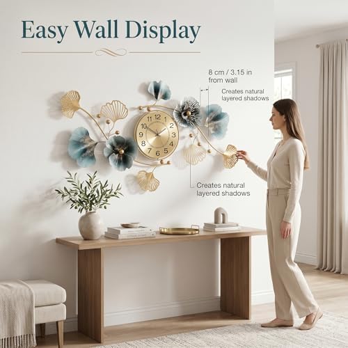 47" 3D Ginkgo Leaf Metal Wall Clock for Home Wall Decor - Image 4