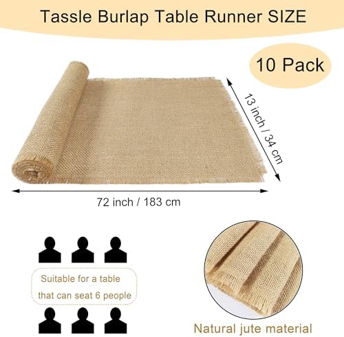 10 Pack 13 x 72 Inch Tassel Burlap Table Runners,Natural Rustic Jute Table Runner and Placemats Bulk for Western Wedding Table Decorations,Farmhouse Style Party,Holiday,Kitchen Table Decor Cover - Image 2