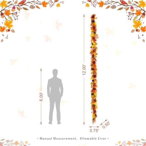Glitzhome Fall Garland for Mantle, 12ft Sunflower Garland with Pinecones Acorns and Natural Twigs, Floral Decor for Home Fireplace Shelf Fall Display - Image 2