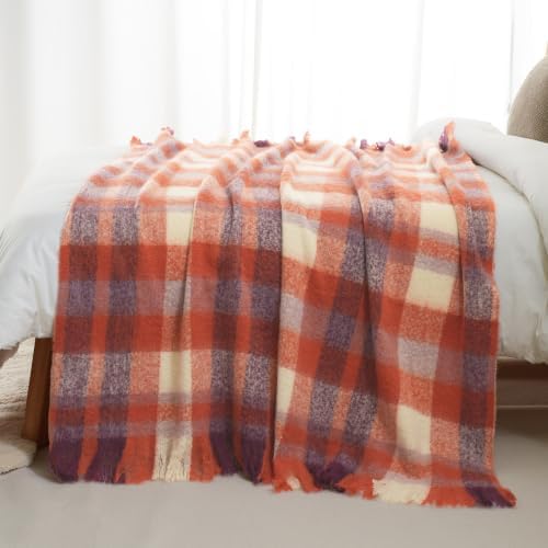 Fall Orange Plaid Throw Blanket for Couch, Mohair Tartan Blanket 50"x60" - Image 5