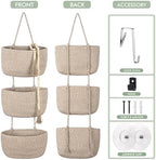 Wall Hanging Rope Baskets 3-Tier Boho Organizers(Flax Brown & Black, Large) - Image 2