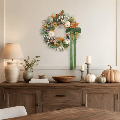 20 Inch Pre-Lit Cream and Gold Pumpkin Fall Wreath for Front Door - Image 6