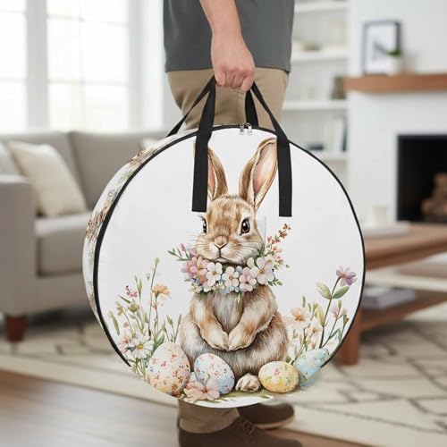 24 Inch Round Storage Bag 1 Pack,Easter Rabbit Wreath Colorful Egg Waterproof Wreath Storage Container with Handles&Zipper Spring Meadow Wild Flower Closet Organizer Bags Garland Box by Unknown