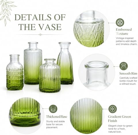 Petal Petite Small Green Glass Bud Vase Set of 18 for Wedding Centerpieces - Image 5
