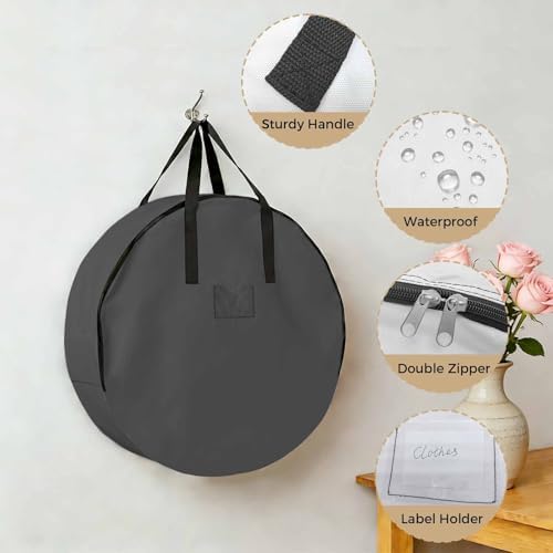 Dark Gray Round Storage Bag 36 Inch, Solid Color Clothes Storage Container with Handles Heavy Duty Organizer for Comforter, Bedding & Holiday Wreaths - Image 5