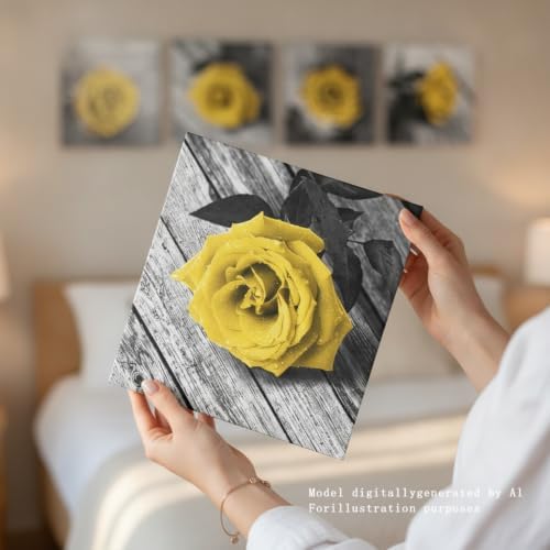Yellow Rose Canvas Wall Art Decor, 4-Piece Rustic Floral Picture 12x12 Inch - Image 2