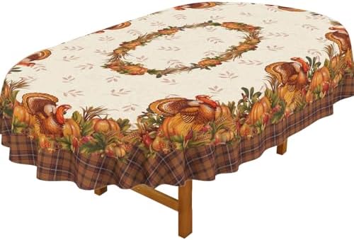 Thanksgiving Turkey Tablecloth Vintage Fall Pumpkin Table Cloth for Kitchen Decoration - 60" X 102" Oval - Image 2