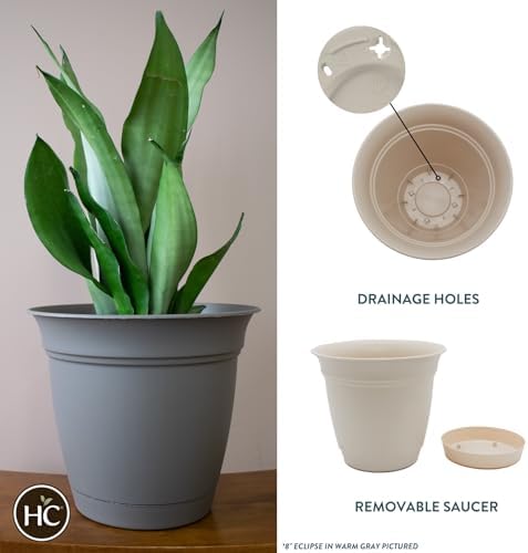 The HC Companies Eclipse Round Planter with Saucer - Outdoor & Indoor Plant Pot with Drainage Holes - Lightweight, UV-Resistant Plastic Pots for Plants, Flowers & Herbs (16" Cottage Stone, Pack of 1) - Image 2