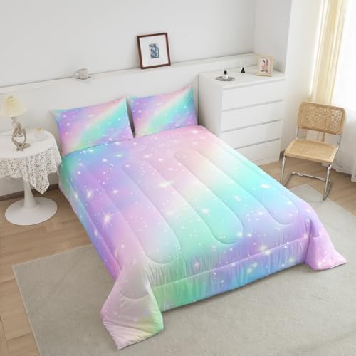 Rainbow Bedding Set For Kids Girls Teens Women Ombre Gradient Comforter Set Full Stars Galaxy Bedding Comforter Sets Watercolor Tie Dye Quilt Soft Lighweight Quilted Duvet Girly Bedroom Decor 3Pcs - Image 3