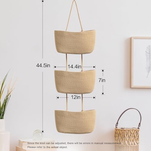 TeoKJ Over the Door Hanging Basket, 3-Tier Woven Cotton Wall-Mounted Storage Organizer Bag Decorative Hanging Nursery Baskets, Jute - Image 5