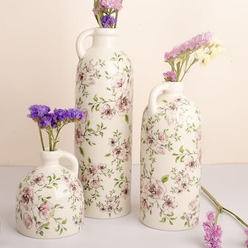 Set of 3 Vintage Floral Ceramic Bottle Vases with Handles - Rustic Crackle Glaze Finish - Decorative Flower Vases for Home Decor, Table Centerpieces, Shelf Display, Boho Farmhouse Decor (3, Ivory) - Image 3