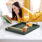 XIGEXIGE Green Decorative Serving Tray,Rectangular Tray for Coffee Table,Faux Leather Serving Tray with Handles for Ottoman,Shagreen Leather Tray for Bathroom - Image 6