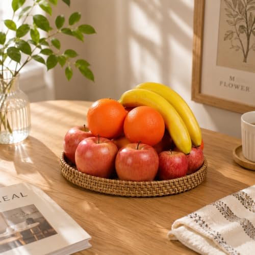 Round Rattan Serving Trays with Mother of Pearl Inlay, Set of 3, Blue - Image 5