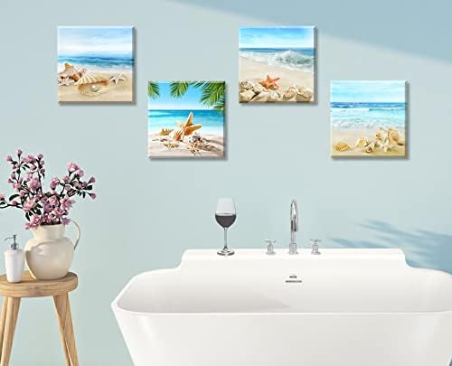 Beach Seashell Starfish Canvas Wall Art Decor Nautical for Bathroom Bedroom - Image 3