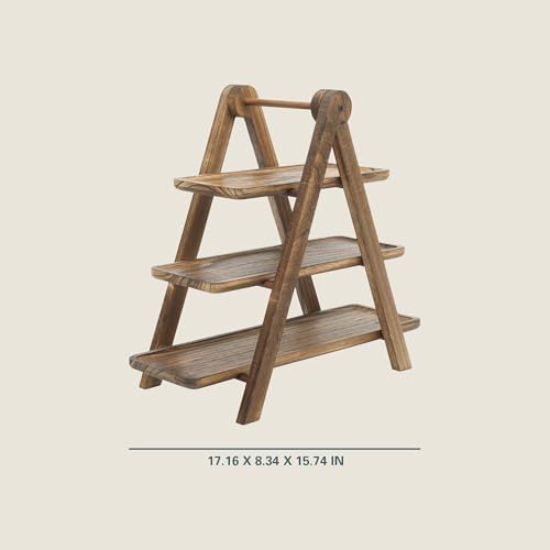 Gibson Home Truss Peak 3 Tier Serving Tray for Party, 18" Acacia Wood Cupcake/Charcuterie/Dessert Farmhouse Tiered Platters with Collapsible Wood Rack - Image 2