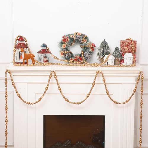 4 Pcs Christmas Tree Wood Bead Garland, 18 ft Each, Gold - Image 5