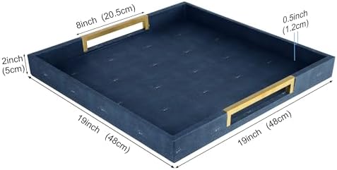 HofferRuffer Faux Leather Serving Tray with Gold Metal Handles, Stylish Decorative Tray Organizer for Coffee Table, Ottoman, Home Decor and Serving (Blue Shagreen, 18.9" x 18.9" x 2") - Image 2