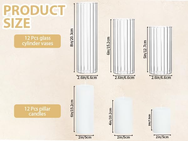 12 Pack White Pillar Candles + 12 Pack Vertical Ribbed Clear Glass Cylinder Holders, Hurricane Candle Shades for Wedding, Home, Party Table Centerpieces Decor - Image 2