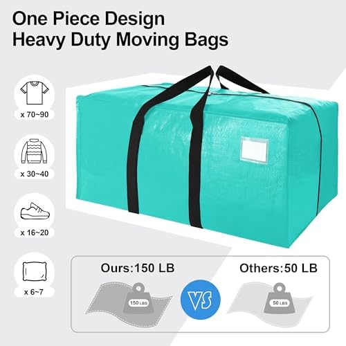 6 Pack Heavy Duty Extra Large Moving Bags W/Backpack Straps - Strong Handles & Zippers, Storage Totes For Space Saving, Fold Flat, Alternative to Box and Bin (40 gal, Aquamarine) - Image 5