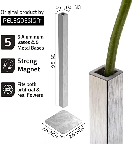 PELEG DESIGN Magnetic Bud Vase Set (Silver) - Unique Home Decor Gift & Modern Table Centerpiece - 5 Aluminum Single Stem Vases - 9.4" Tall Gravity Defying Decor - Image 5
