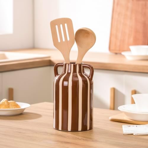Ceramic Flower Vase with Handles, Modern Brown Striped Decorative Vase for Home Decor, 9.1" Art Floral Tall Flower Vases for Living Room & Kitchen, Mantel & Bookshelf, Centerpieces, Entryway - Image 4