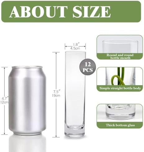 Glass Cylinder Bud Vases for Centerpieces, Set of 12 Clear Small vases,Handmade Slim Flower Vases Wedding Table Decor for Single Rose vases Bulk, Home Aesthetic Desk Decor, Party Decorations,7.5" - Image 3